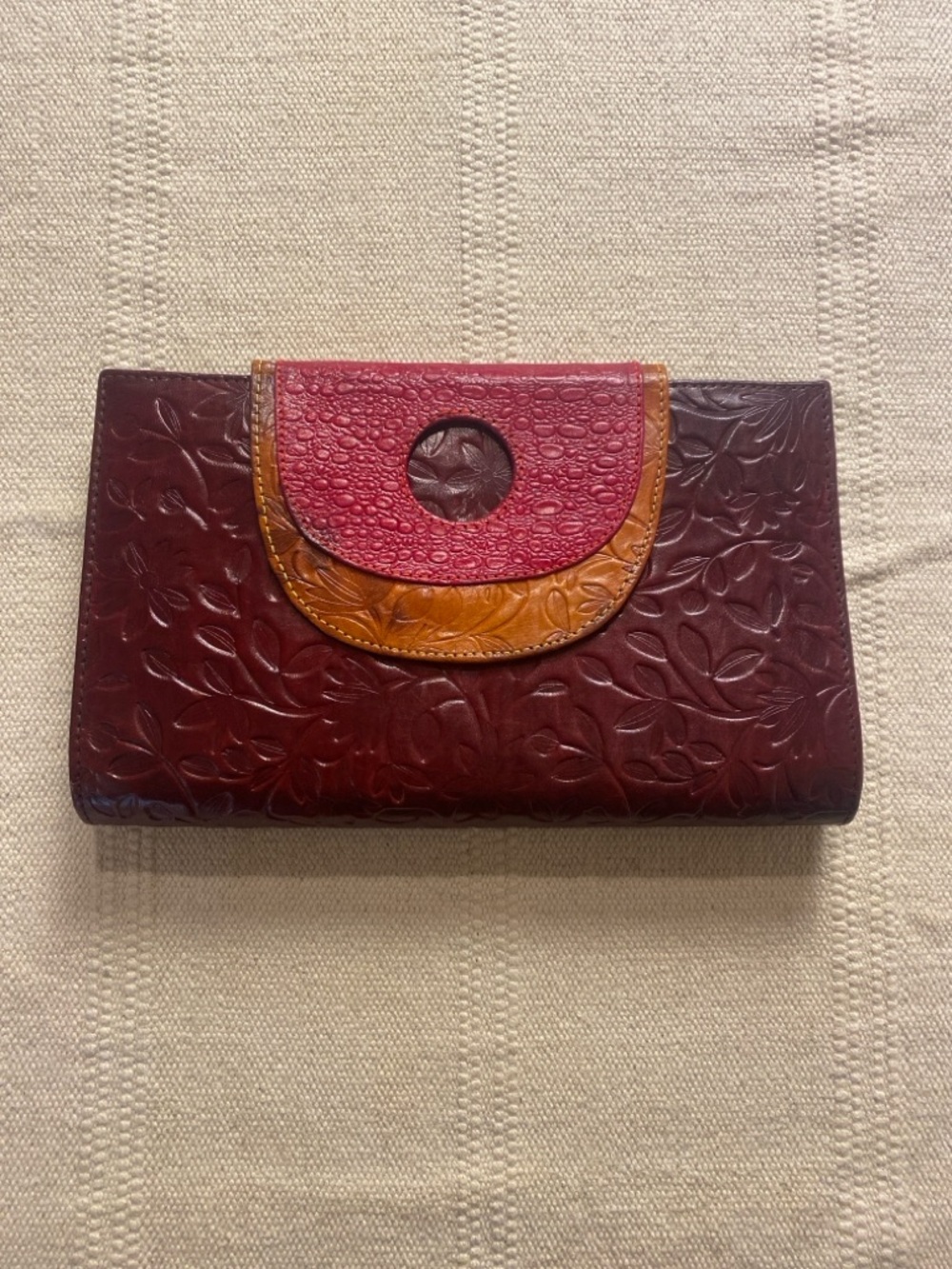 Sold Tooled Leather Clutch | Embossed Floral | Burgundy Multi | Genuine Leather - Picture 2 of 8